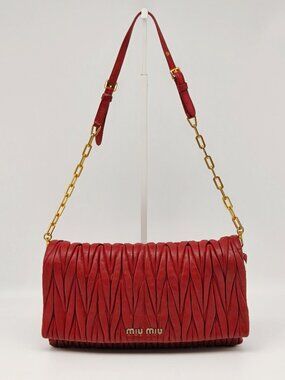 MIU MIU Matelassé Red Leather Mini Flap Bag Gold Chain Strap Ruched Shoulder Bag
